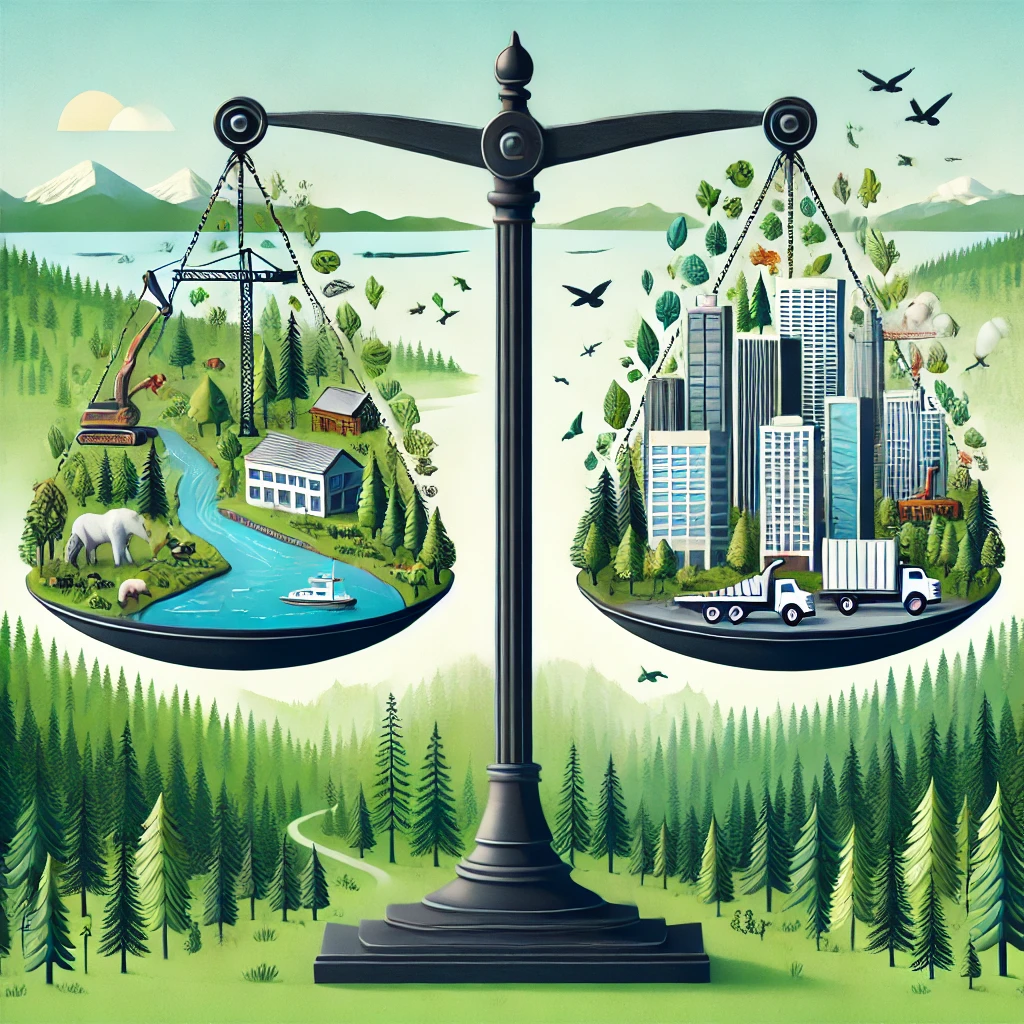 A scale showing the balance of nature and development.